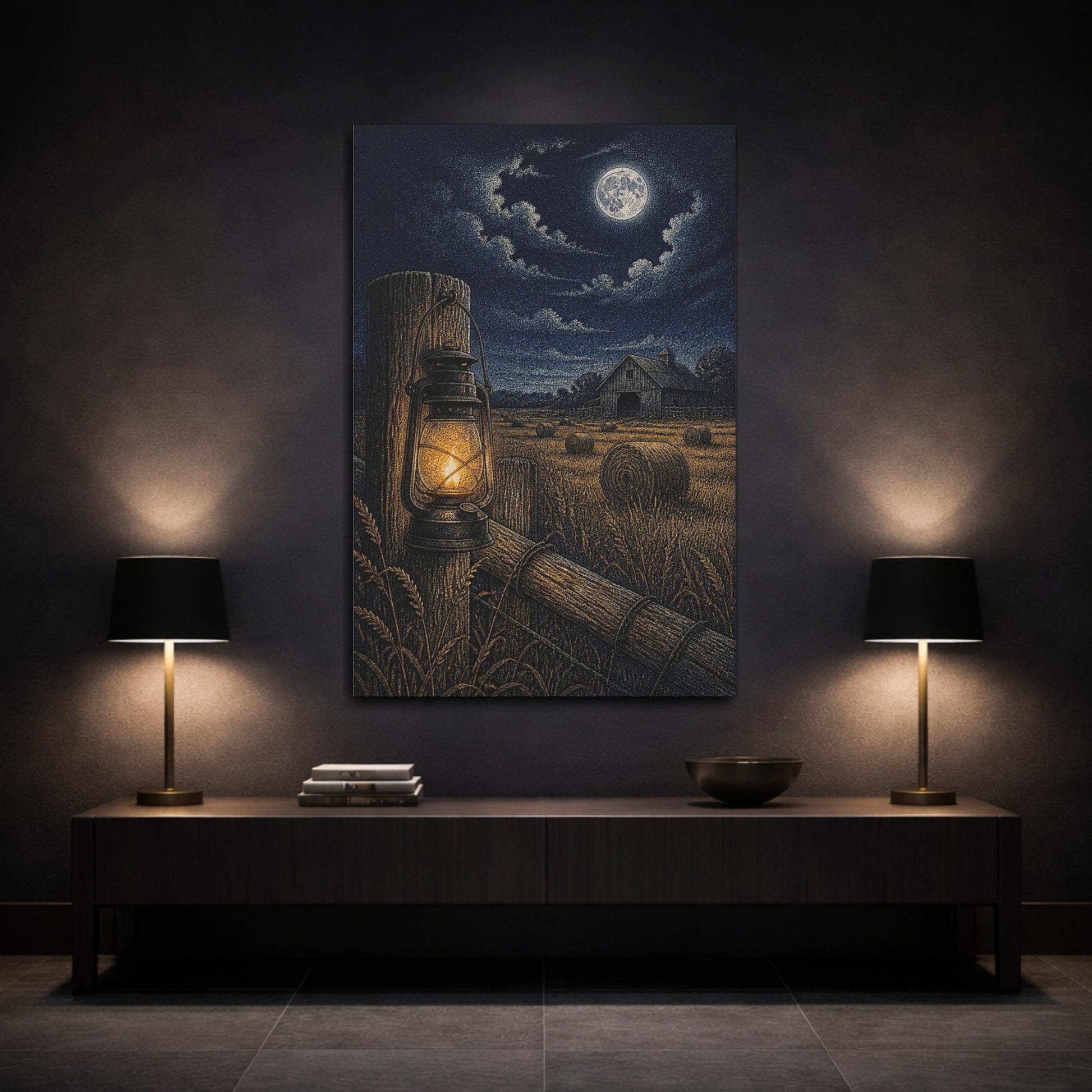 Mockup 3. Rustic Lantern In Hayfield shown as canvas print