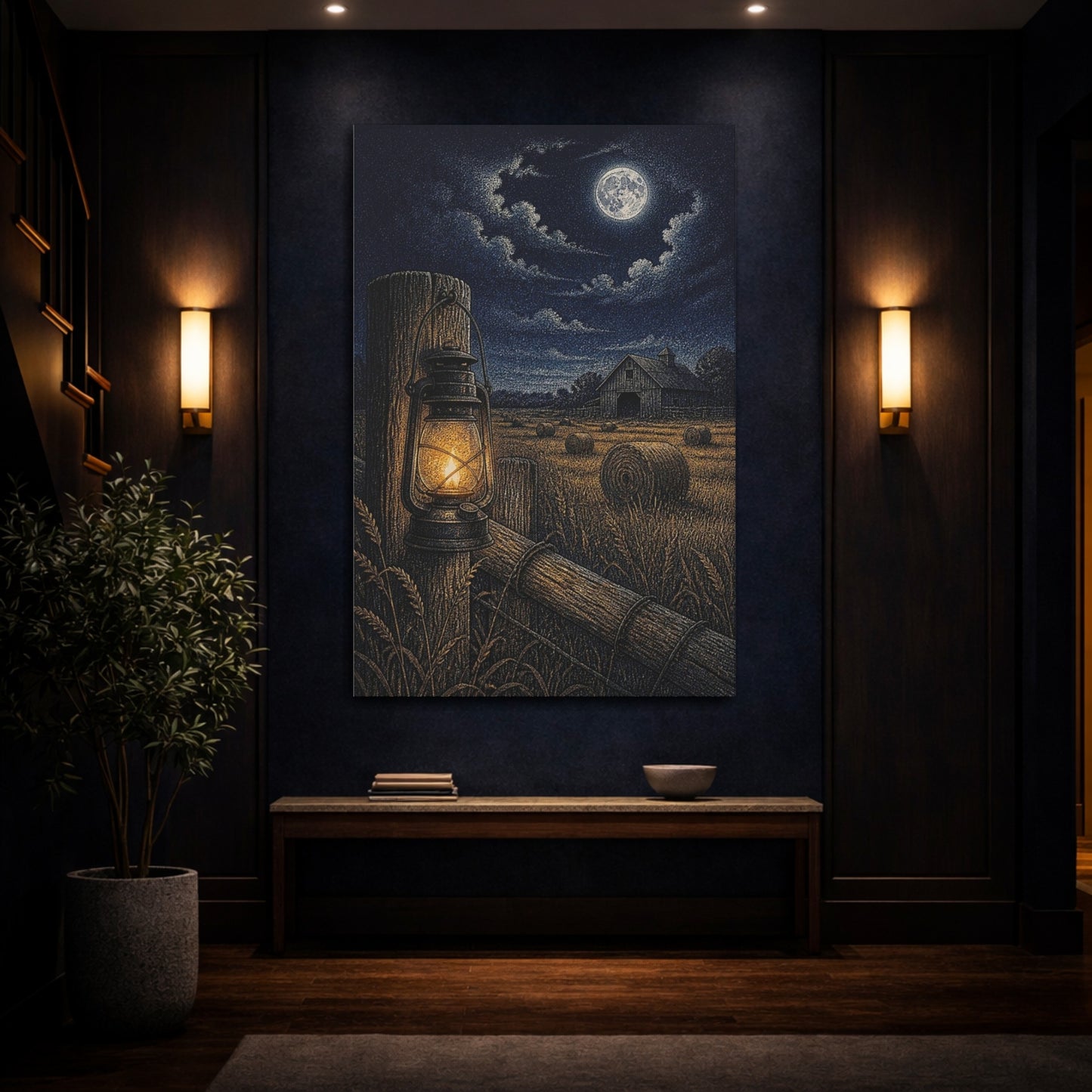 Mockup 4. Rustic Lantern In Hayfield shown as canvas print