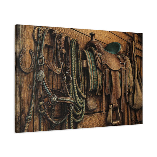 Main Mockup. Rustic Leather Saddle shown as canvas print