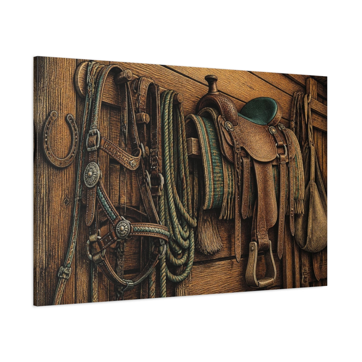 Side Mockup 1. Rustic Leather Saddle shown as canvas print
