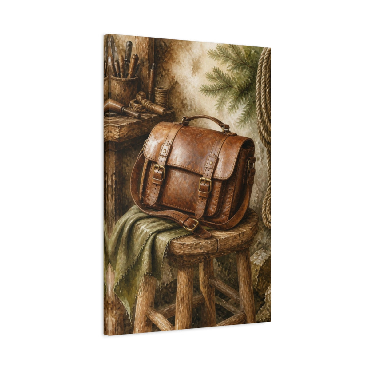 Side Mockup 2. Rustic Leather Satchel shown as canvas print