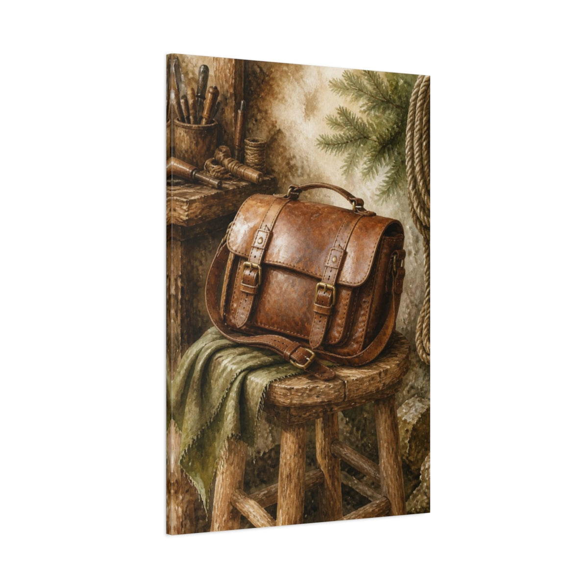 Side Mockup 1. Rustic Leather Satchel shown as canvas print