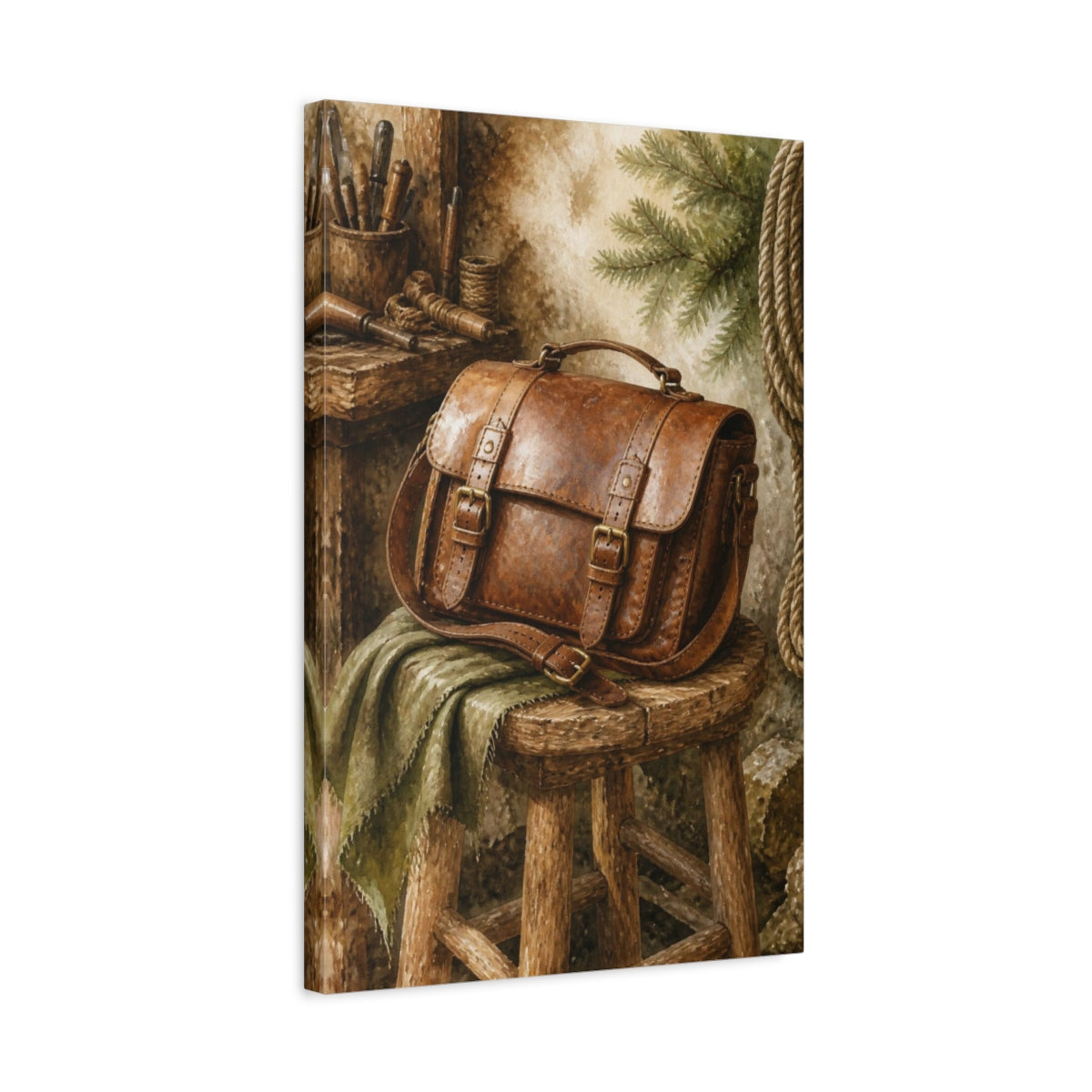 Side Mockup 3. Rustic Leather Satchel shown as canvas print
