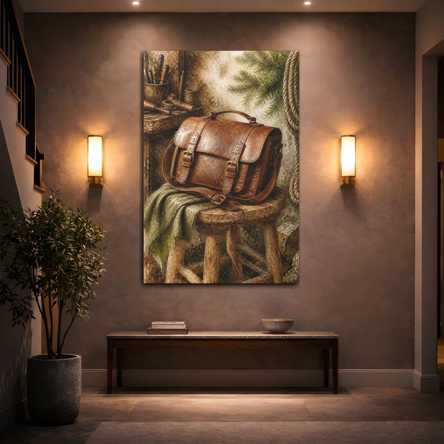 Mockup 2. Rustic Leather Satchel shown as canvas print
