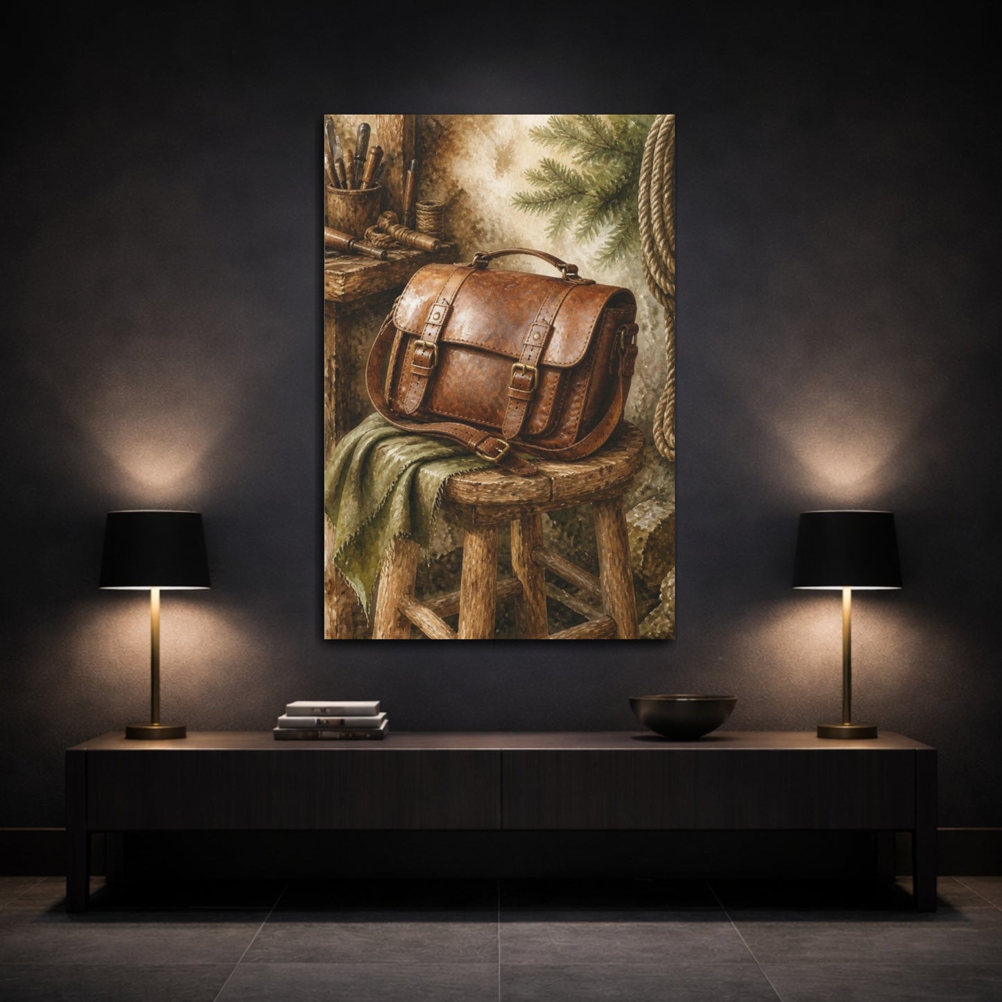Mockup 3. Rustic Leather Satchel shown as canvas print