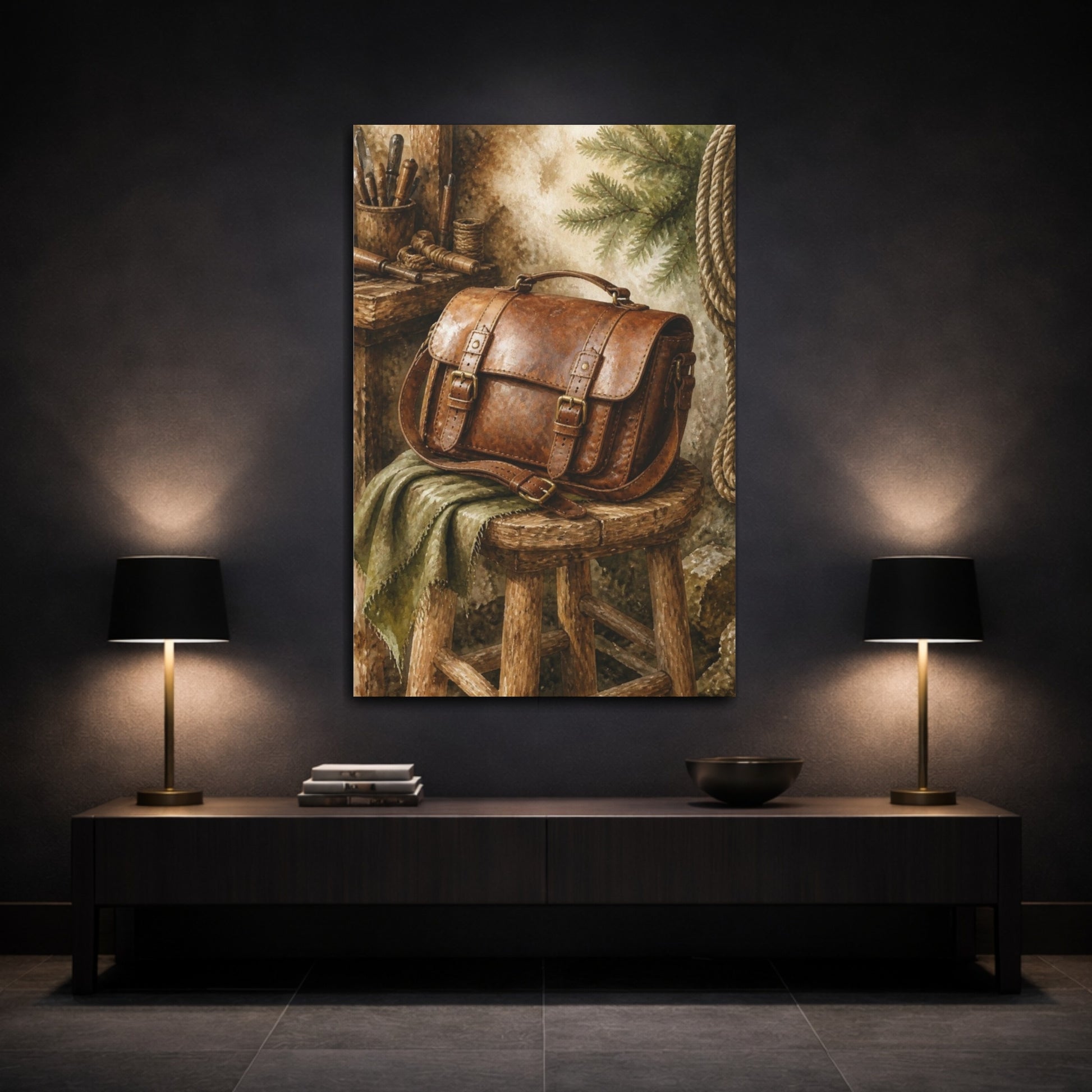 Mockup 3. Rustic Leather Satchel shown as canvas print