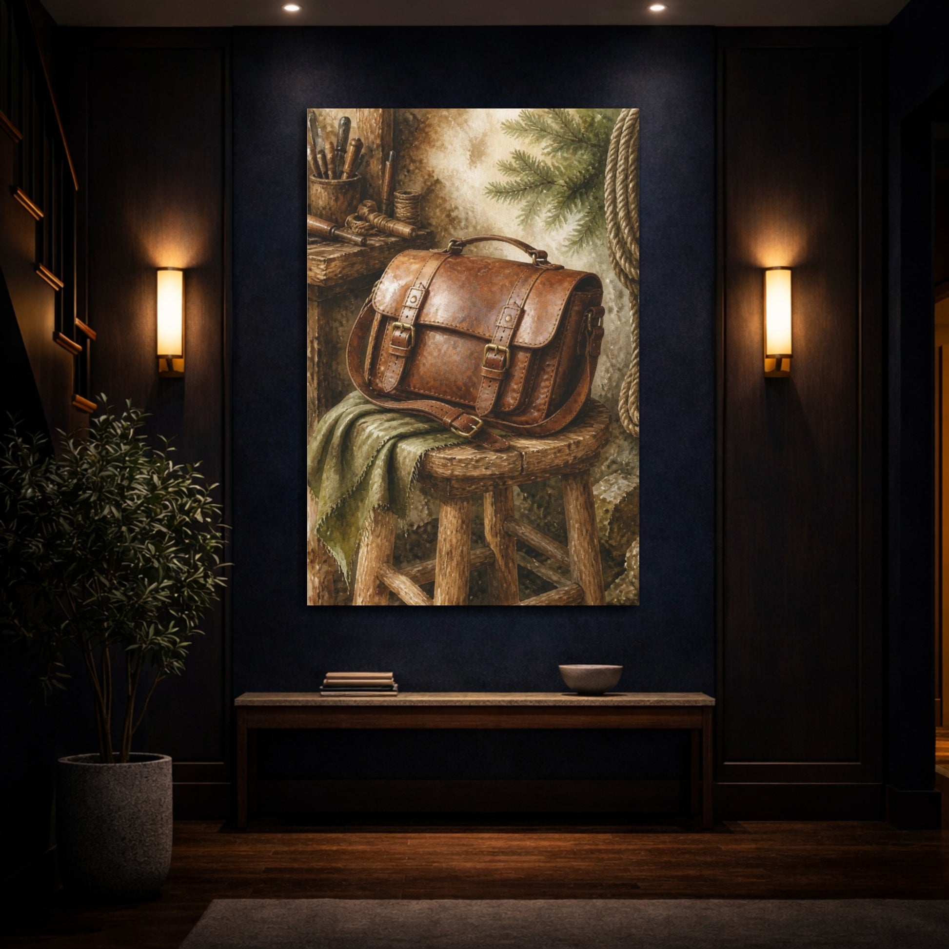 Mockup 4. Rustic Leather Satchel shown as canvas print