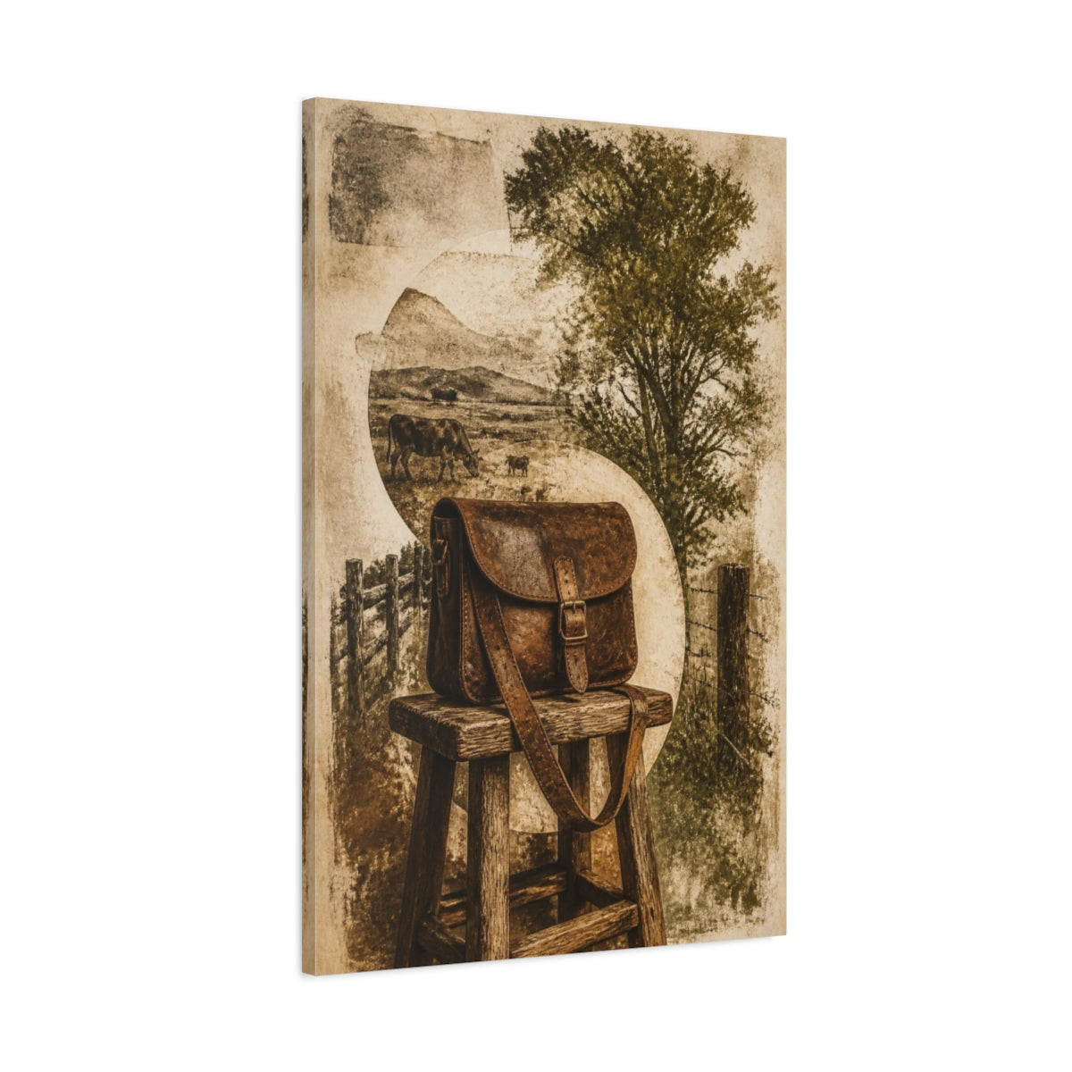 Main Mockup. Rustic Leather Satchel Still Life shown as canvas print