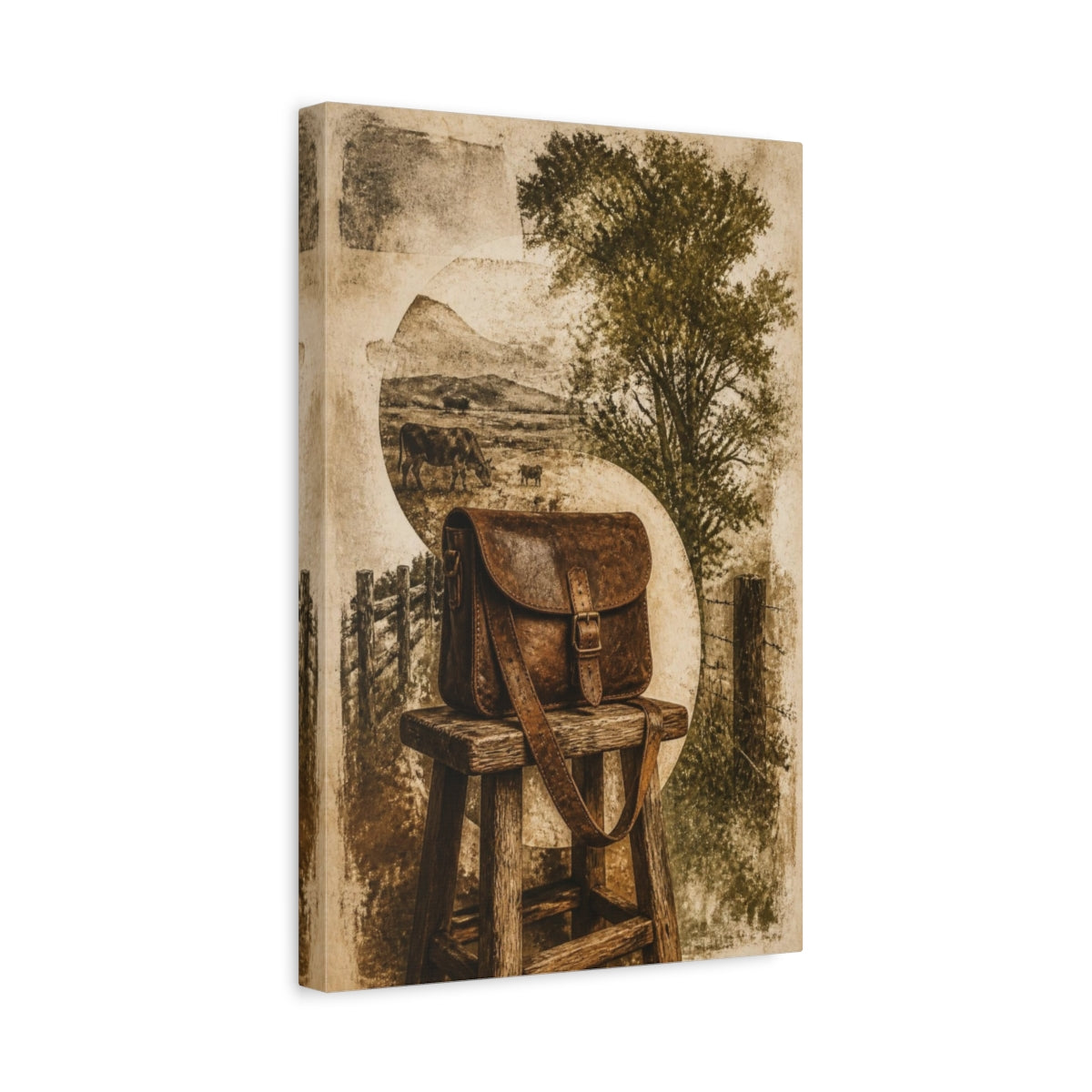 Side Mockup 4. Rustic Leather Satchel Still Life shown as canvas print
