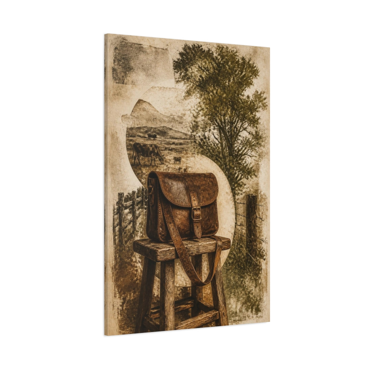 Side Mockup 1. Rustic Leather Satchel Still Life shown as canvas print