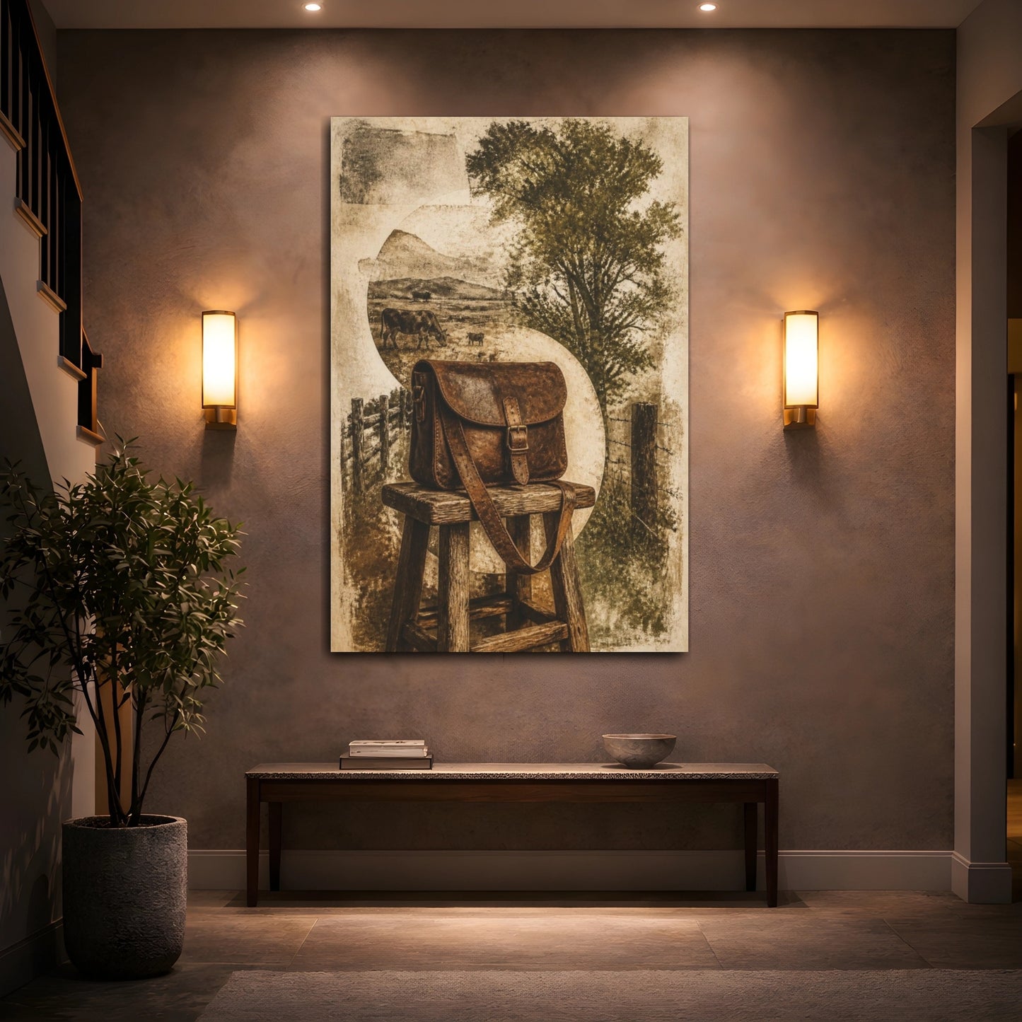 Mockup 2. Rustic Leather Satchel Still Life shown as canvas print