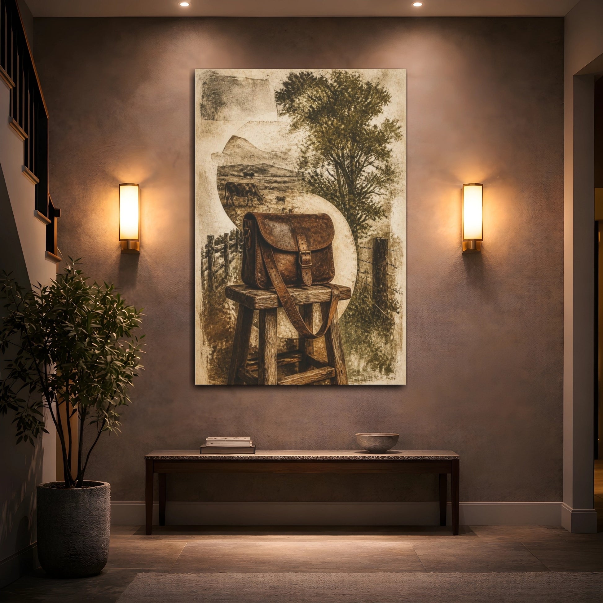 Mockup 2. Rustic Leather Satchel Still Life shown as canvas print