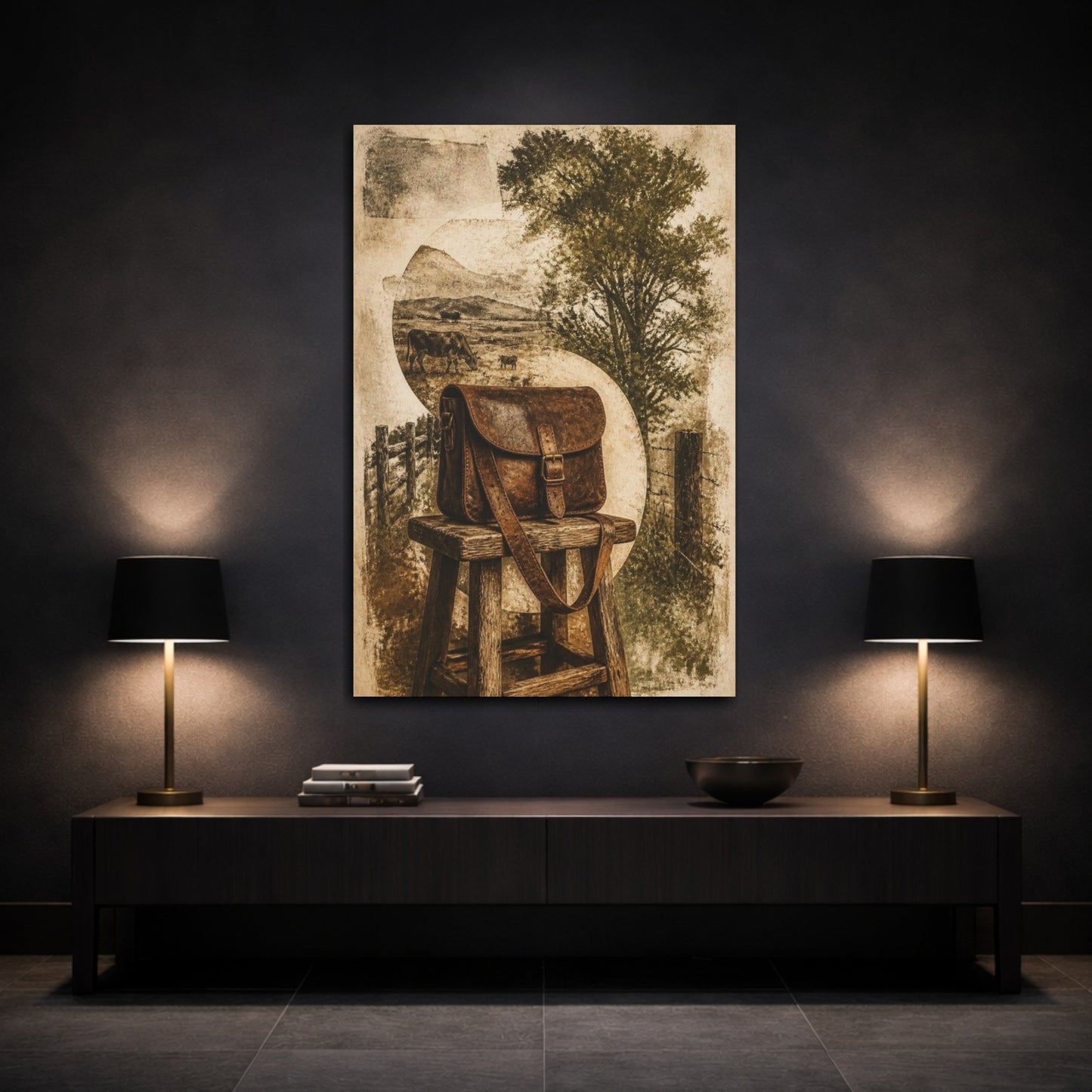Mockup 3. Rustic Leather Satchel Still Life shown as canvas print