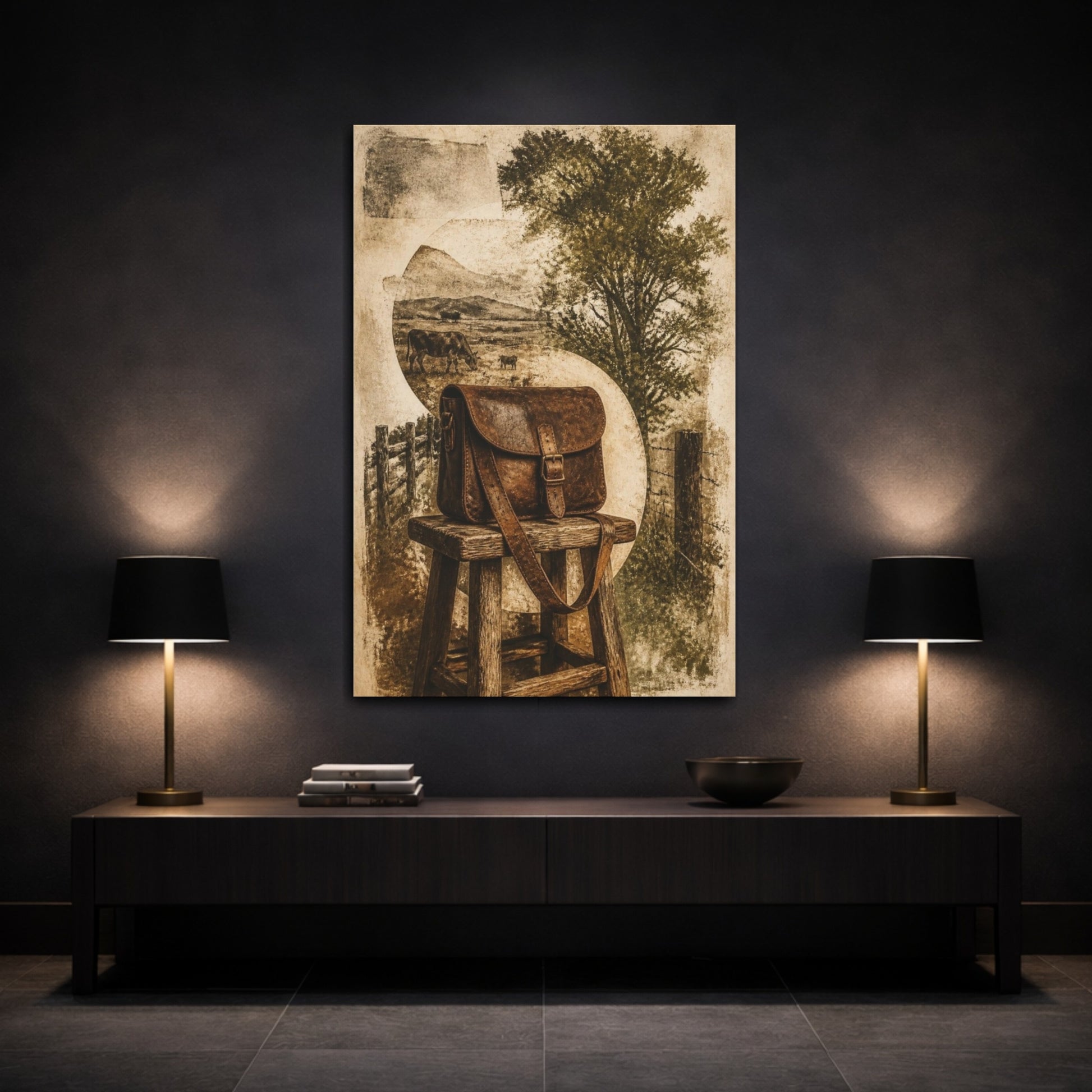 Mockup 3. Rustic Leather Satchel Still Life shown as canvas print