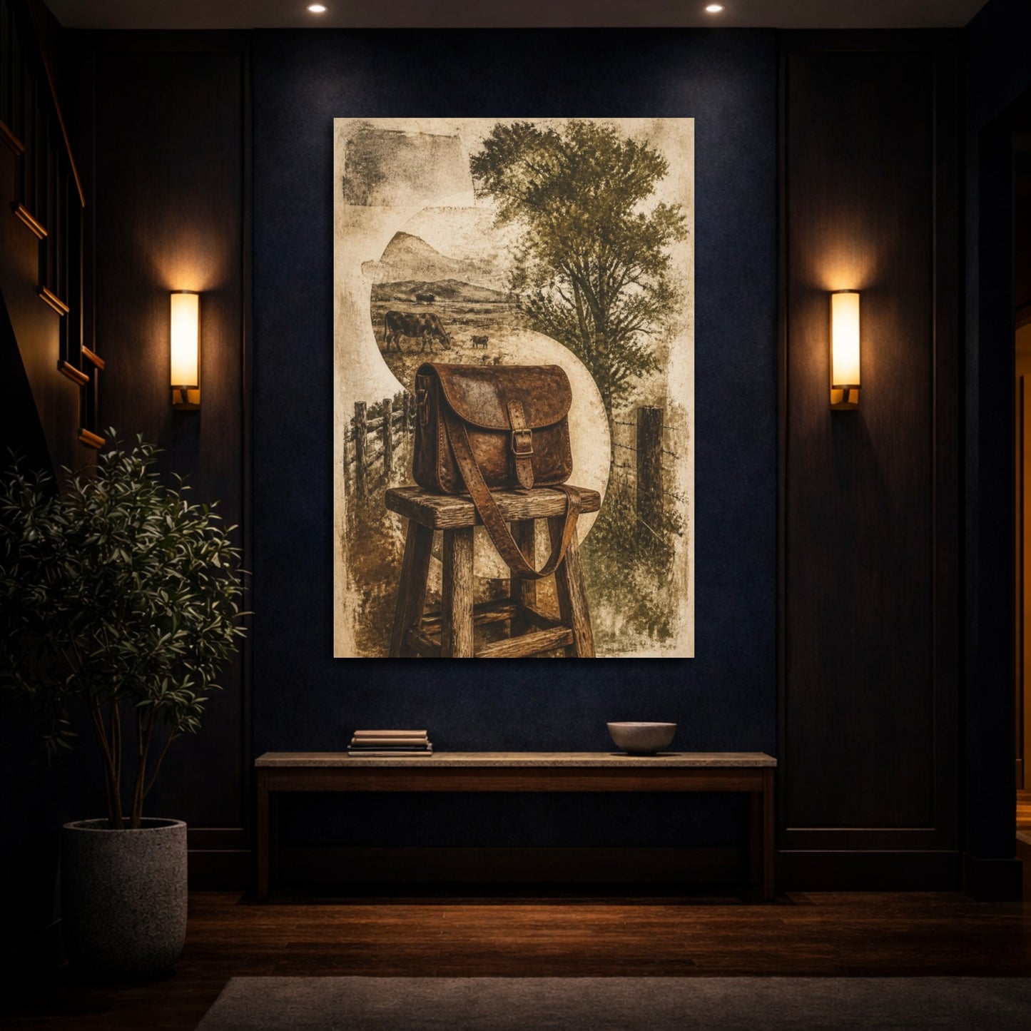 Mockup 4. Rustic Leather Satchel Still Life shown as canvas print