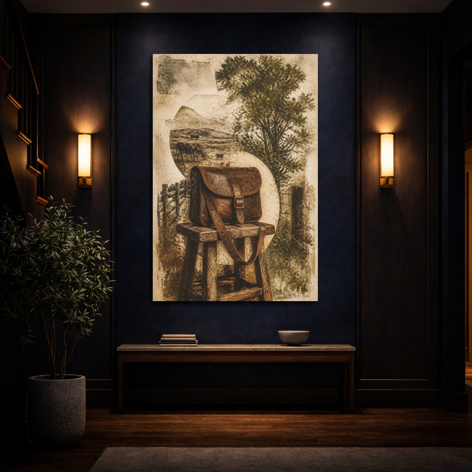 Mockup 4. Rustic Leather Satchel Still Life shown as canvas print