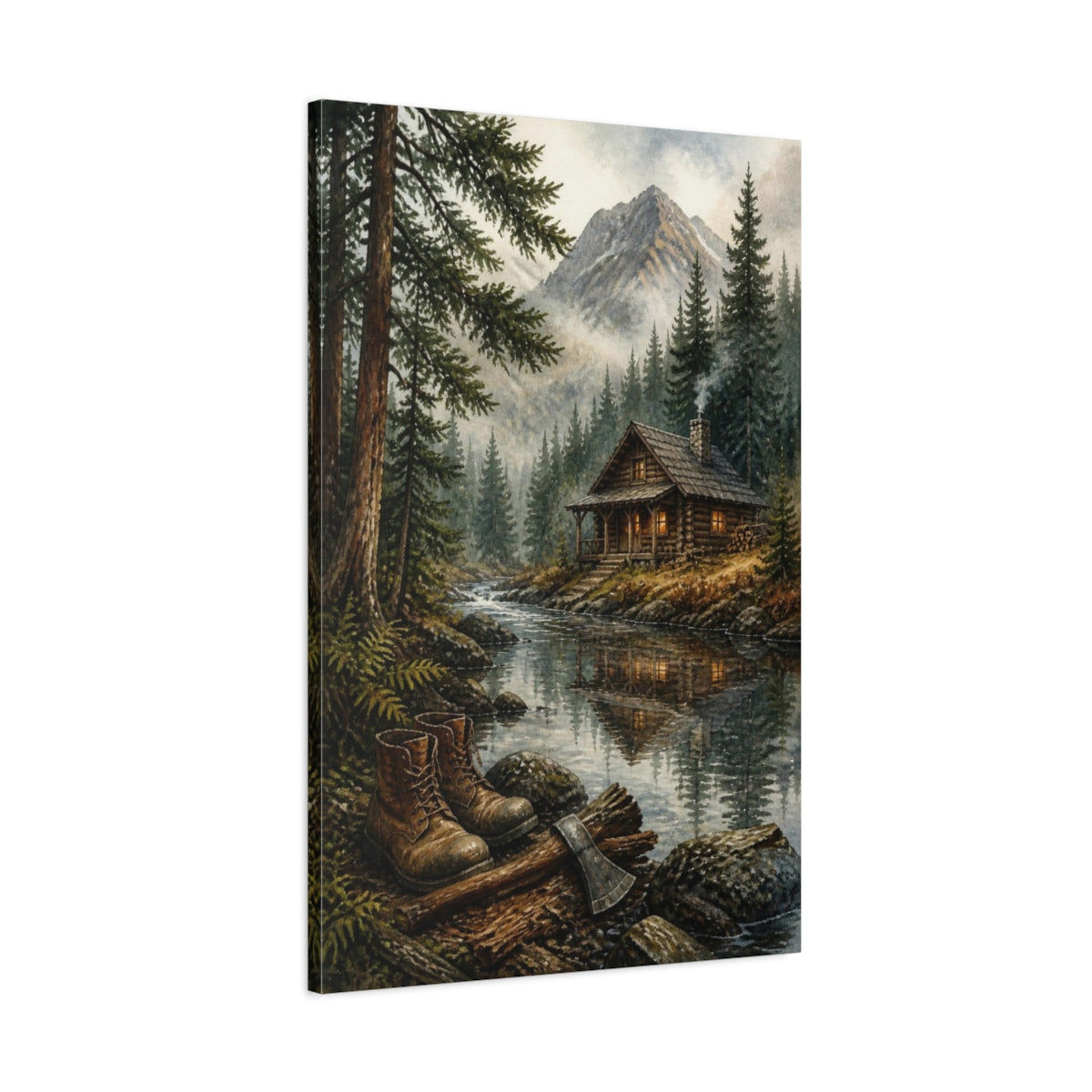 Main Mockup. Rustic Log Cabin Retreat shown as canvas print