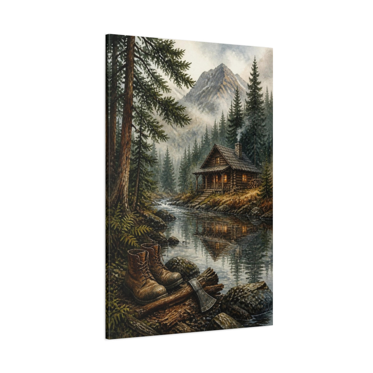 Side Mockup 1. Rustic Log Cabin Retreat shown as canvas print