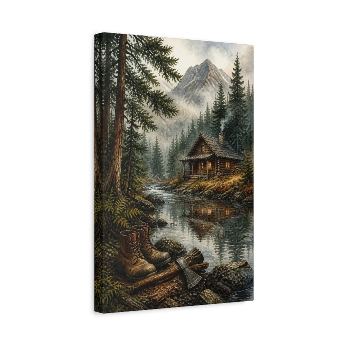 Side Mockup 4. Rustic Log Cabin Retreat shown as canvas print