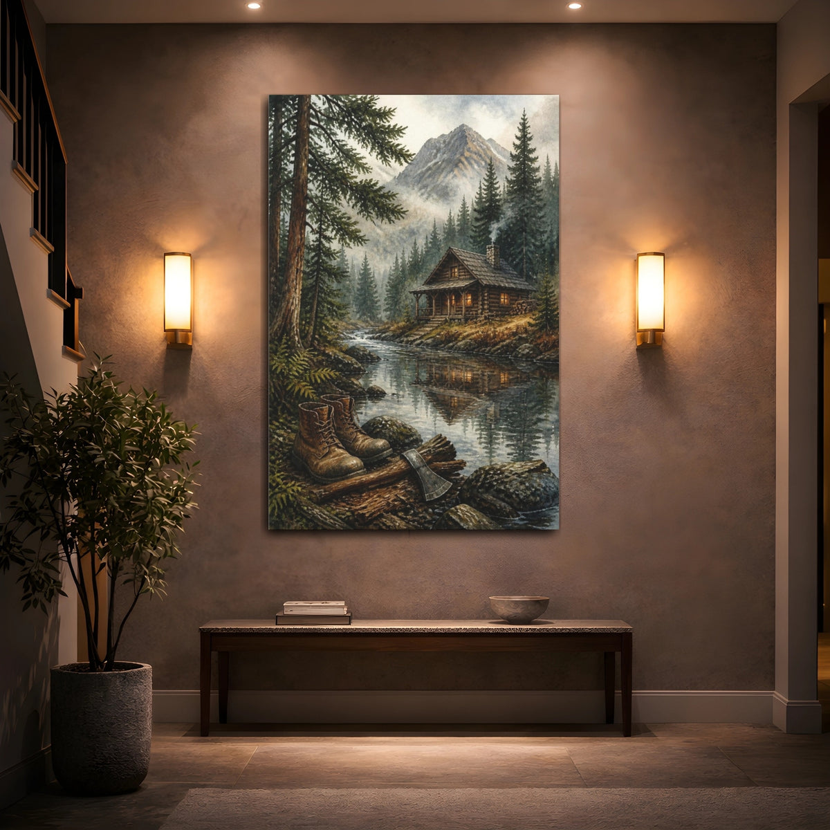 Mockup 2. Rustic Log Cabin Retreat shown as canvas print