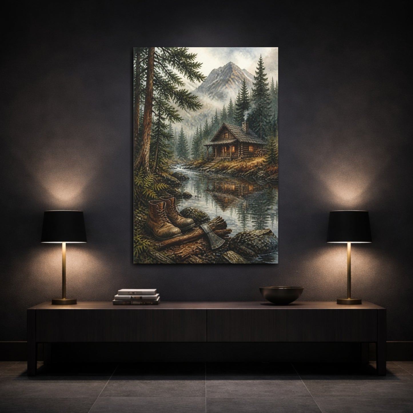 Mockup 3. Rustic Log Cabin Retreat shown as canvas print