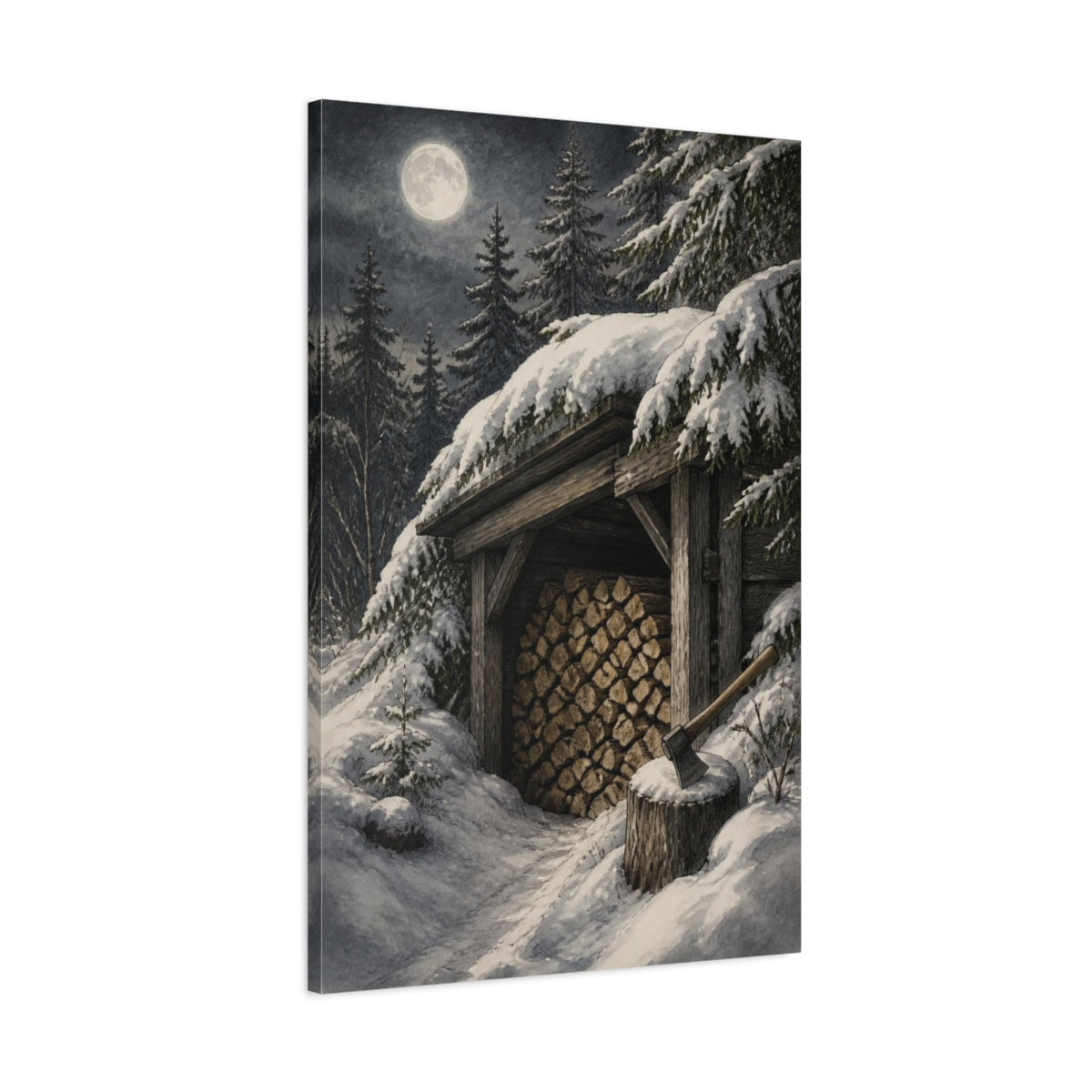 Main Mockup. Rustic Moonlit Woodshed shown as canvas print