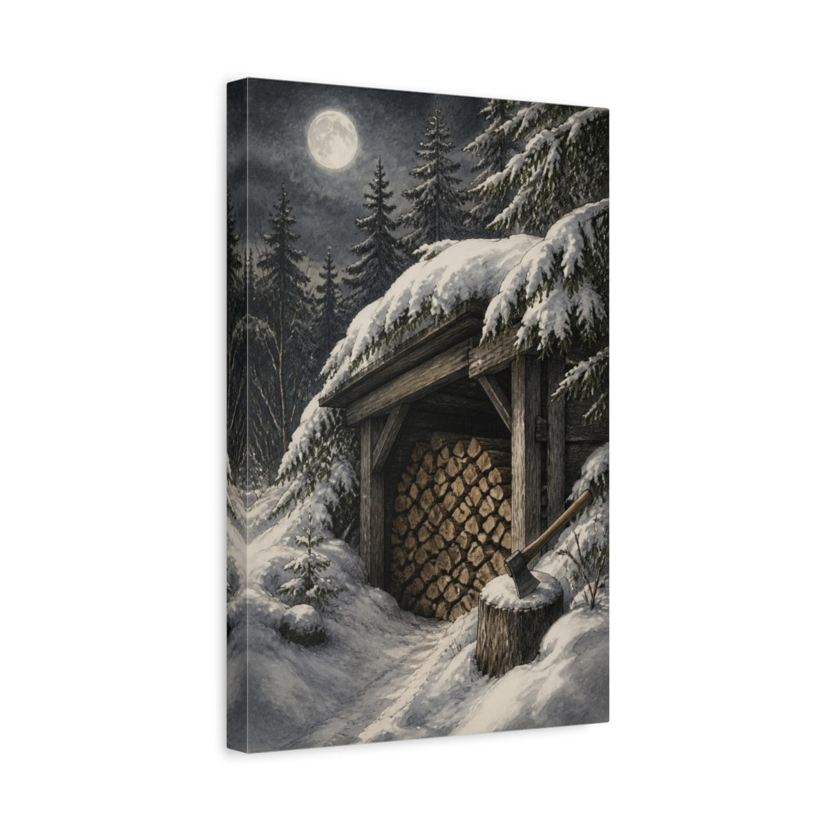 Side Mockup 4. Rustic Moonlit Woodshed shown as canvas print