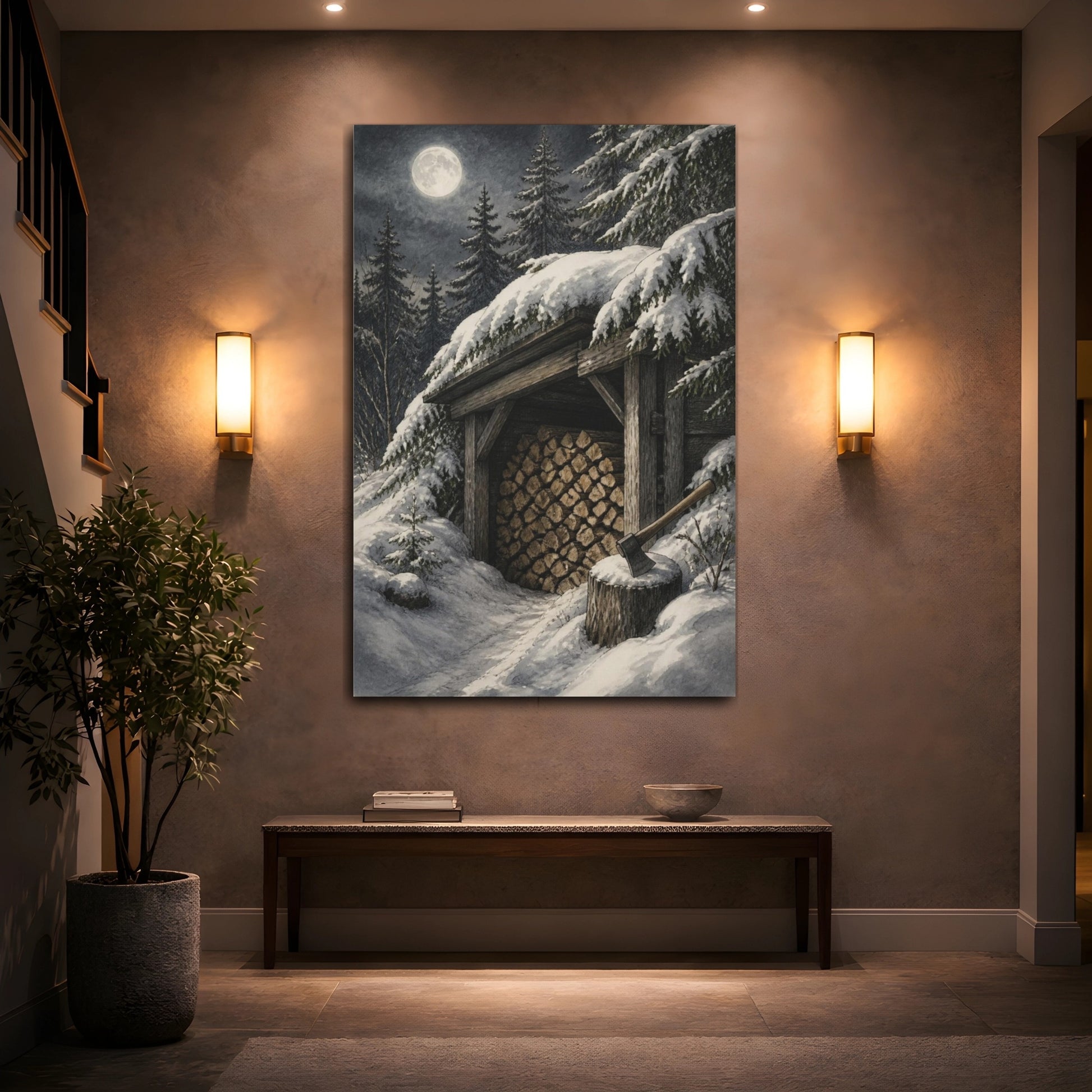 Mockup 2. Rustic Moonlit Woodshed shown as canvas print