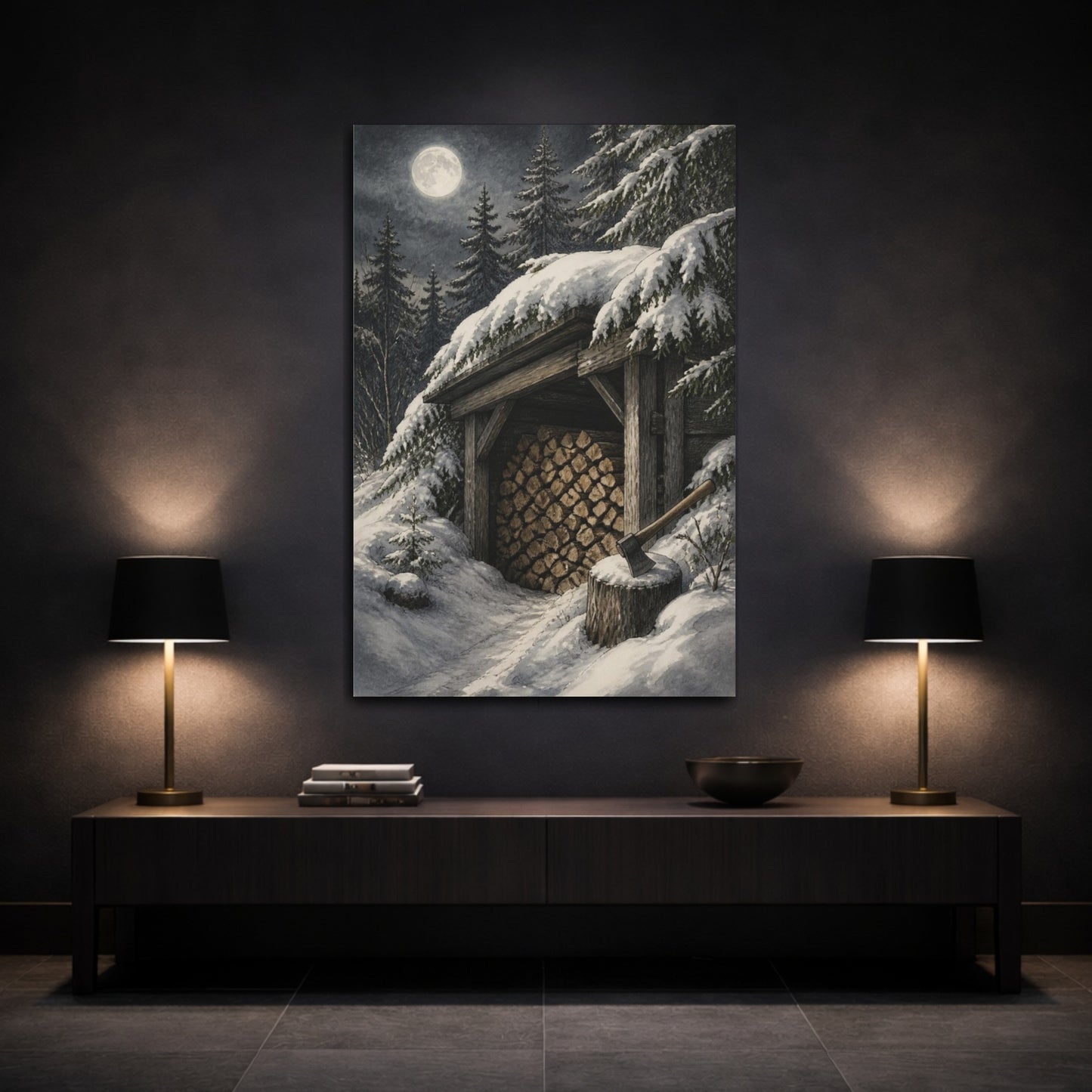 Mockup 3. Rustic Moonlit Woodshed shown as canvas print