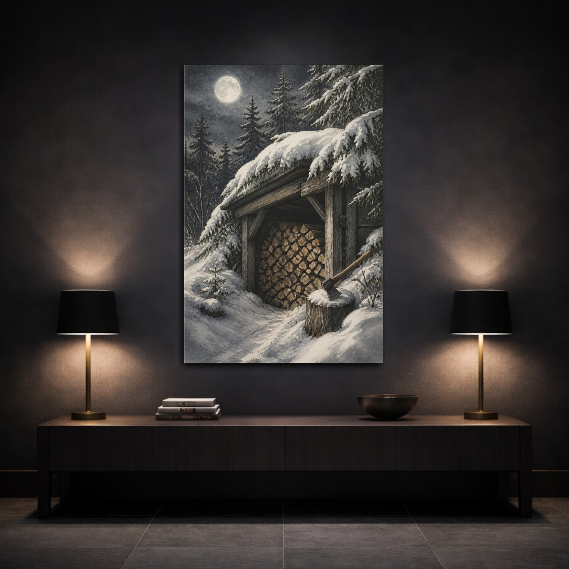 Mockup 3. Rustic Moonlit Woodshed shown as canvas print