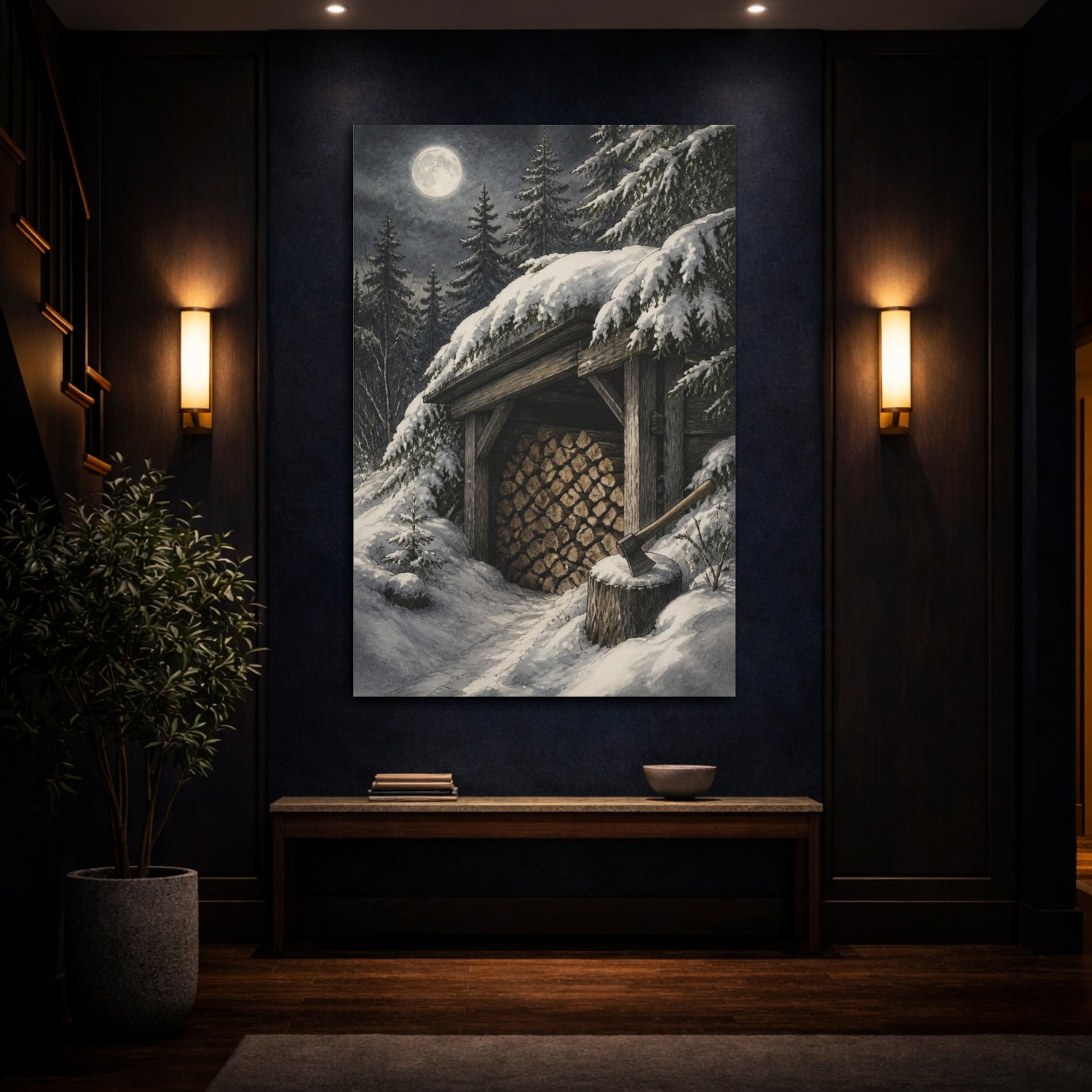 Mockup 4. Rustic Moonlit Woodshed shown as canvas print