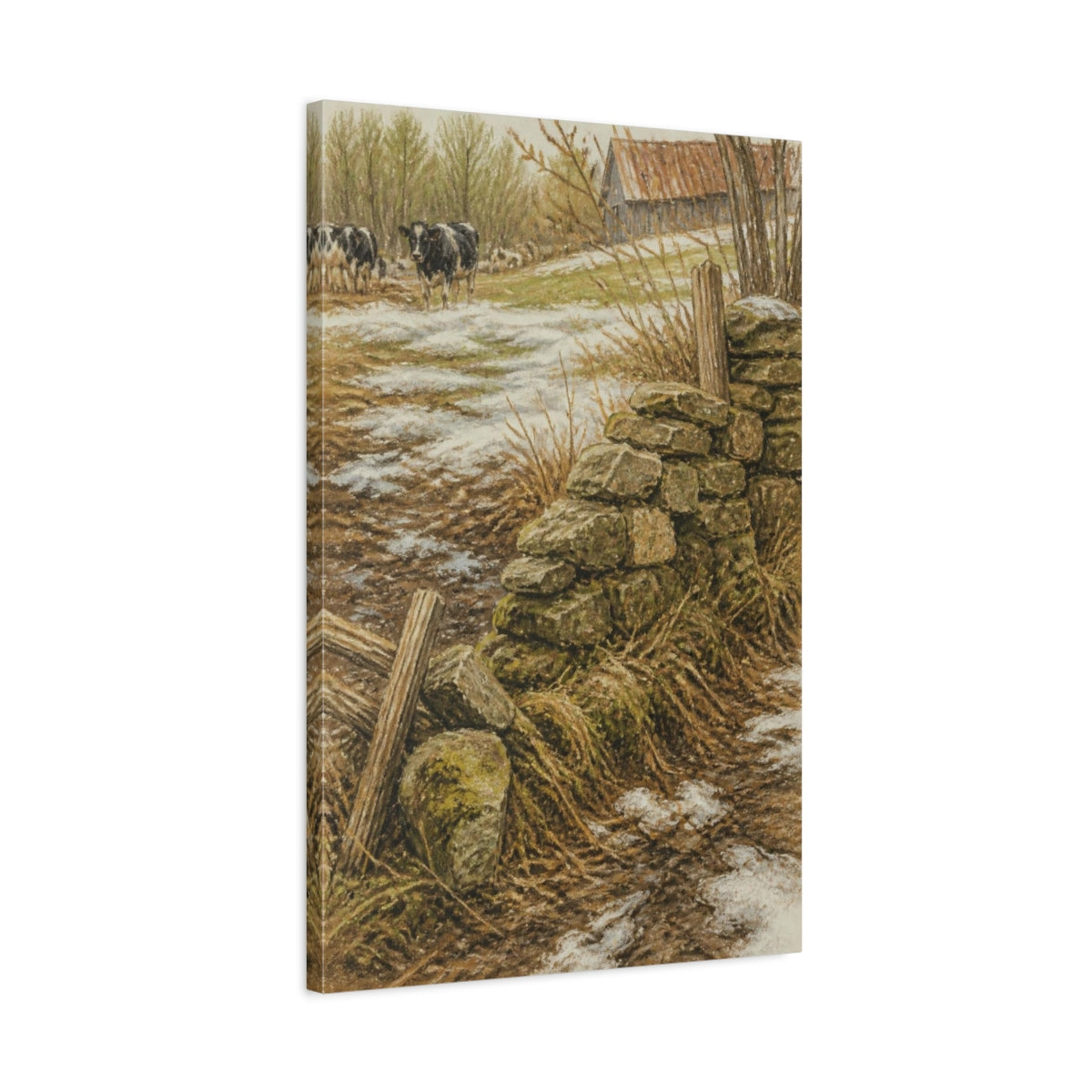 Side Mockup 2. Rustic Mossy Stone Wall shown as canvas print