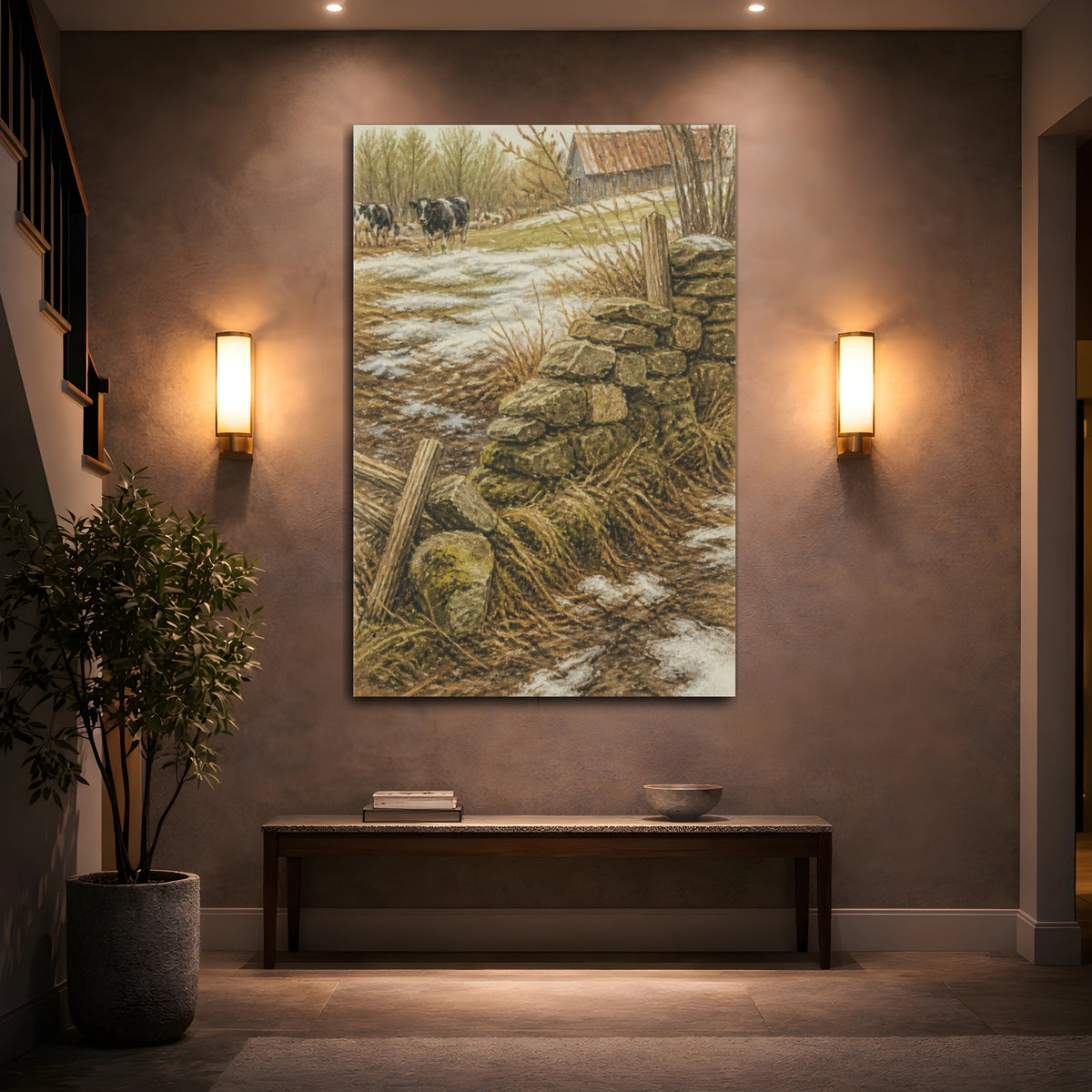 Mockup 2. Rustic Mossy Stone Wall shown as canvas print