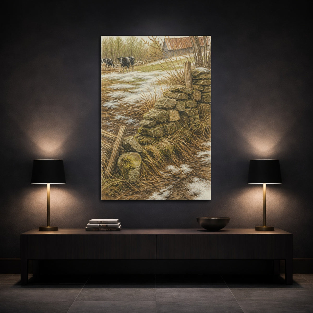 Mockup 3. Rustic Mossy Stone Wall shown as canvas print