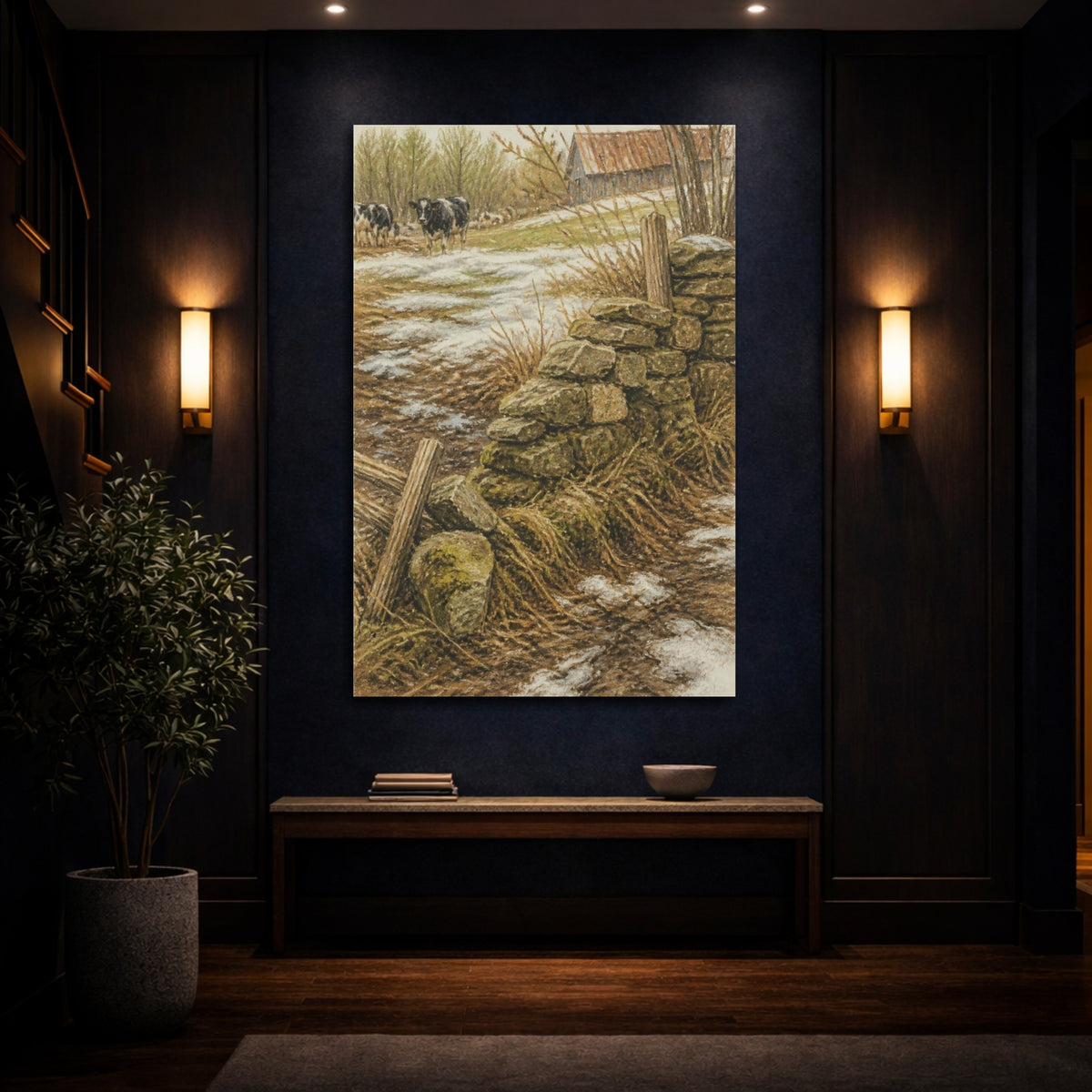 Mockup 4. Rustic Mossy Stone Wall shown as canvas print