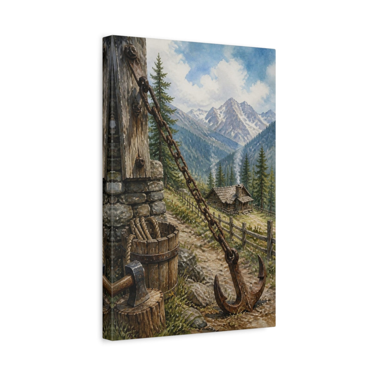Side Mockup 4. Rustic Mountain Cabin shown as canvas print