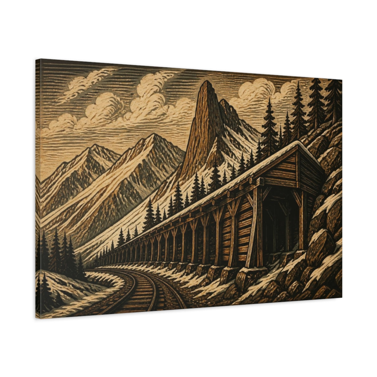 Main Mockup. Rustic Mountain Snow Shed shown as canvas print