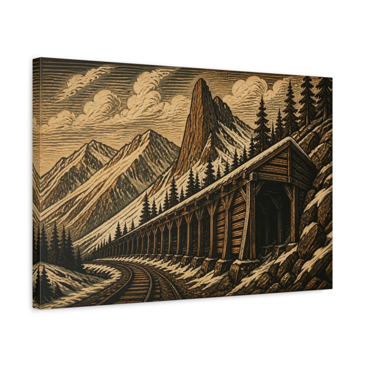 Side Mockup 3. Rustic Mountain Snow Shed shown as canvas print