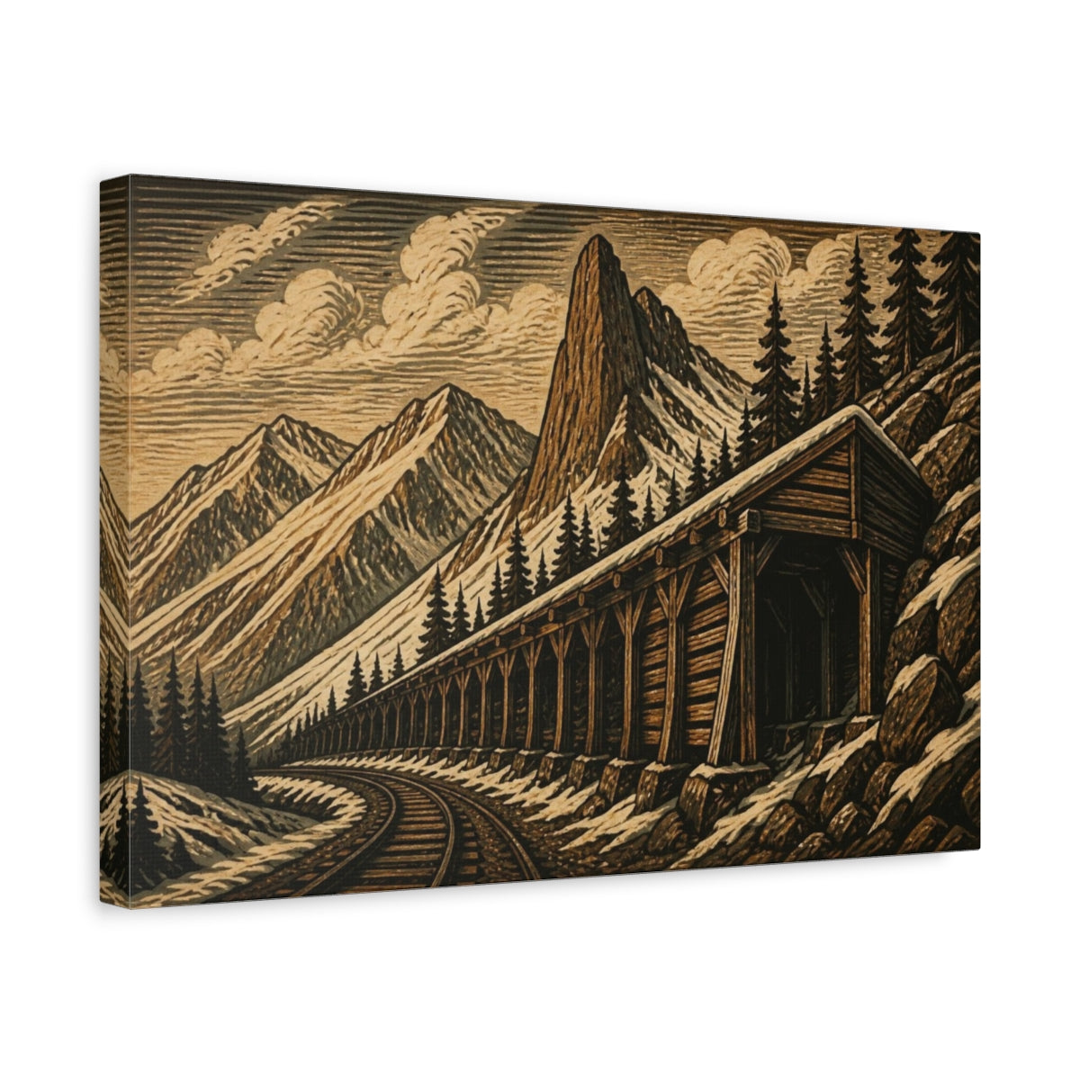 Side Mockup 4. Rustic Mountain Snow Shed shown as canvas print