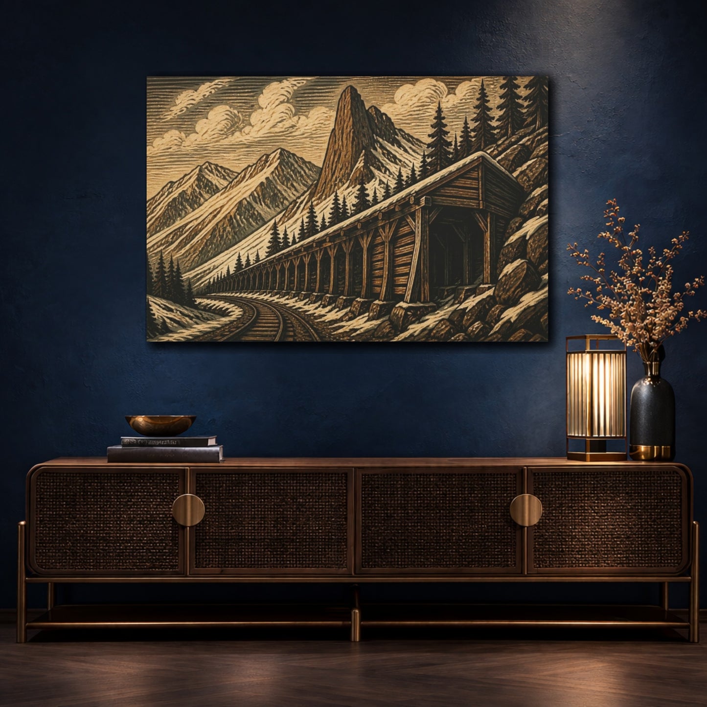 Mockup 4. Rustic Mountain Snow Shed shown as canvas print