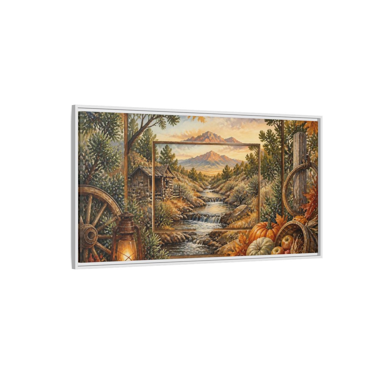 Side Mockup 3. Rustic Mountain Stream View shown as framed canvas print