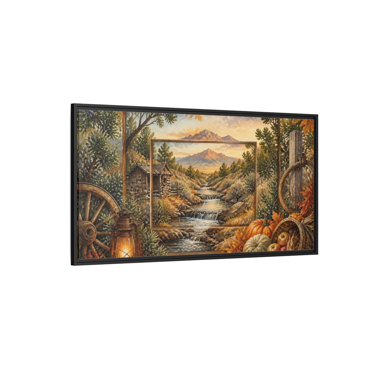 Side Mockup 5. Rustic Mountain Stream View shown as framed canvas print