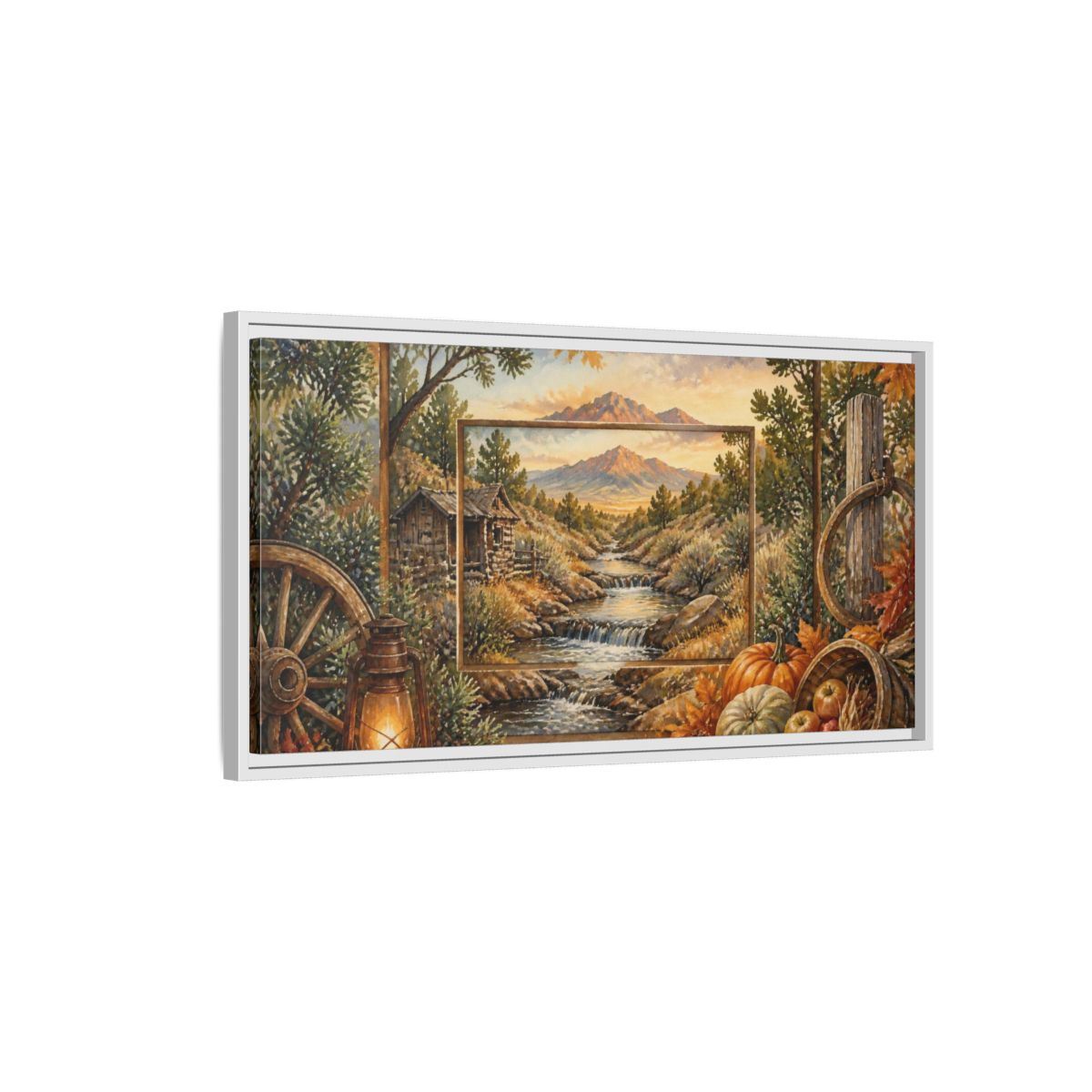 Side Mockup 1. Rustic Mountain Stream View shown as framed canvas print