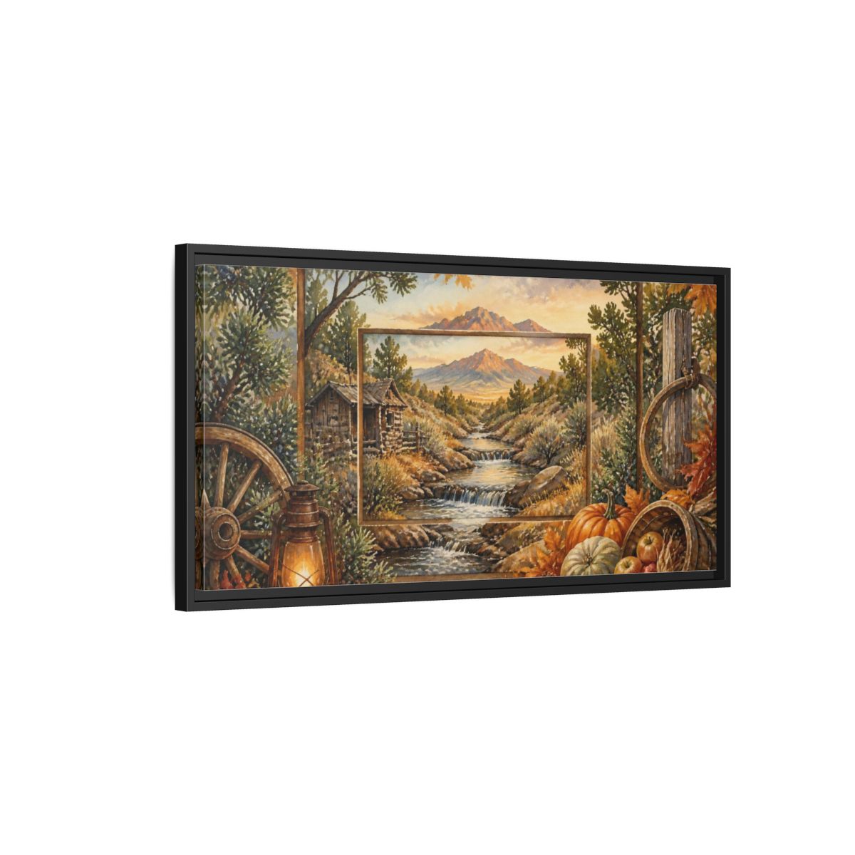 Side Mockup 2. Rustic Mountain Stream View shown as framed canvas print