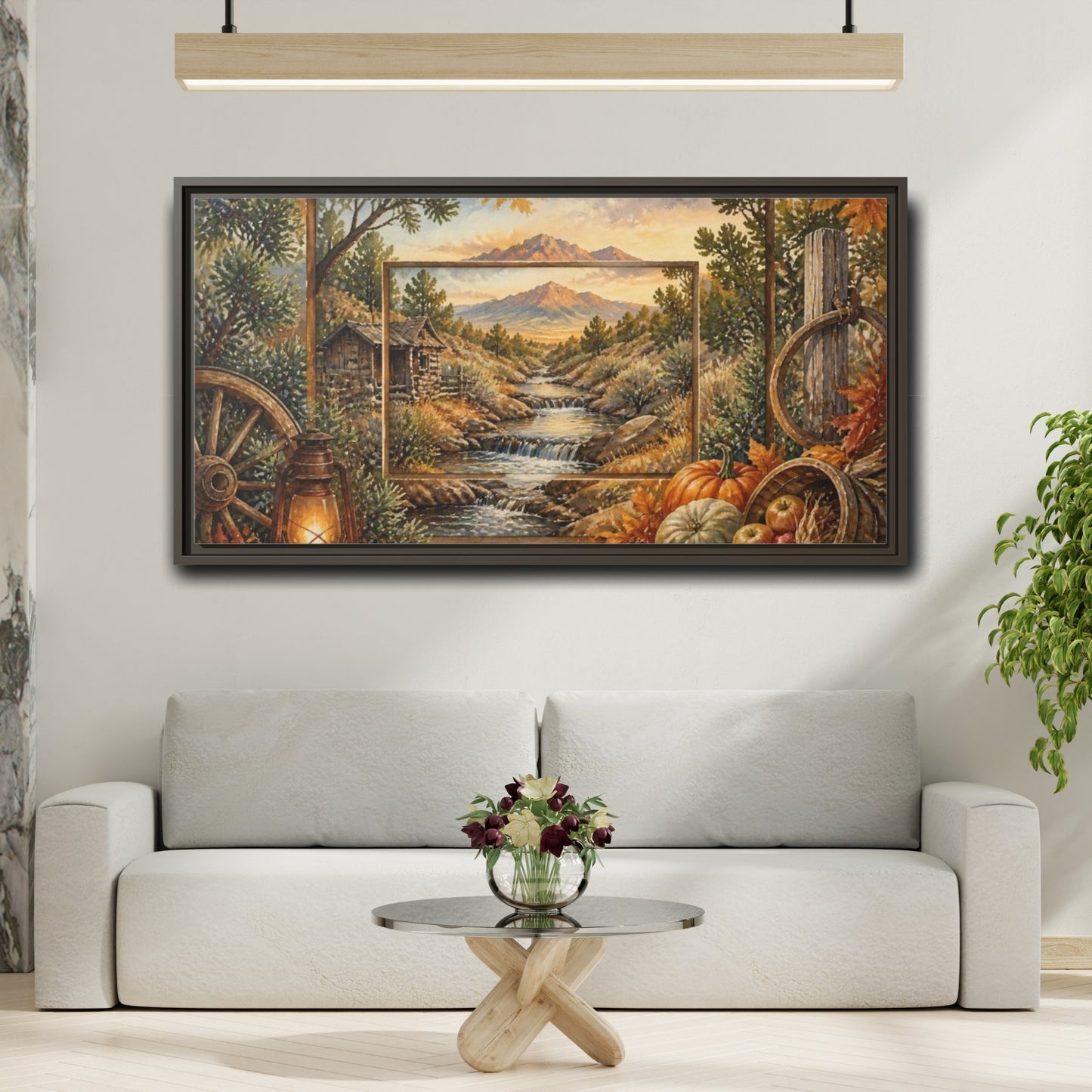 Mockup 2. Rustic Mountain Stream View shown as framed canvas print