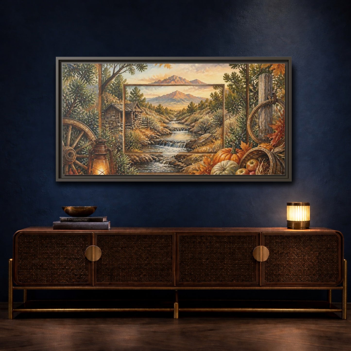 Mockup 4. Rustic Mountain Stream View shown as framed canvas print