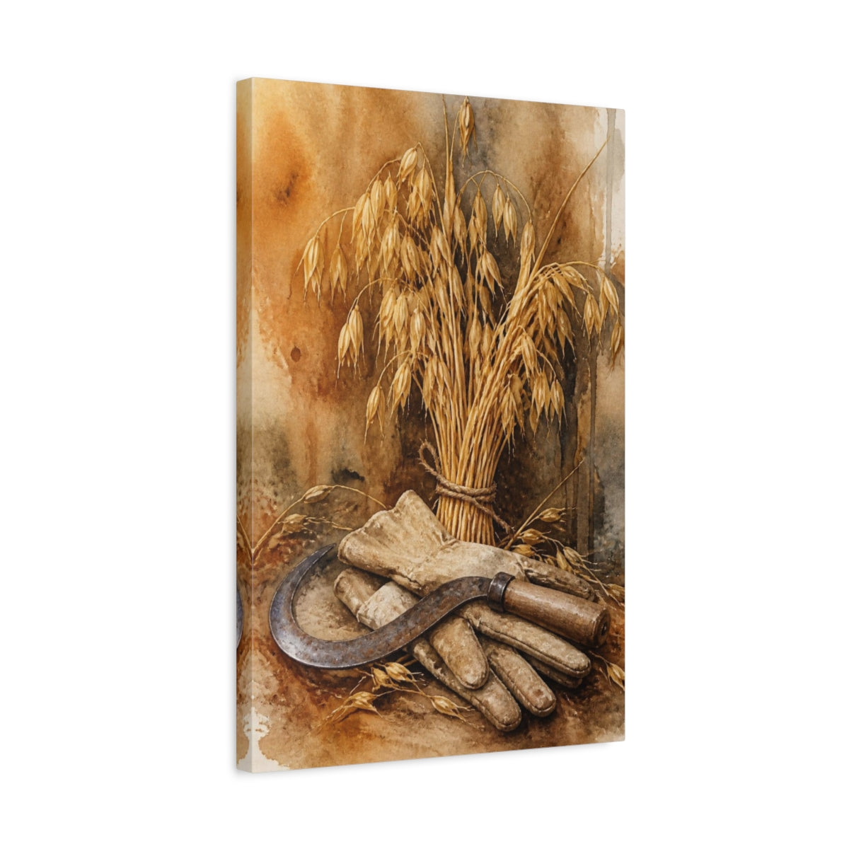 Side Mockup 3. Rustic Oat Sheaf And Sickle shown as canvas print