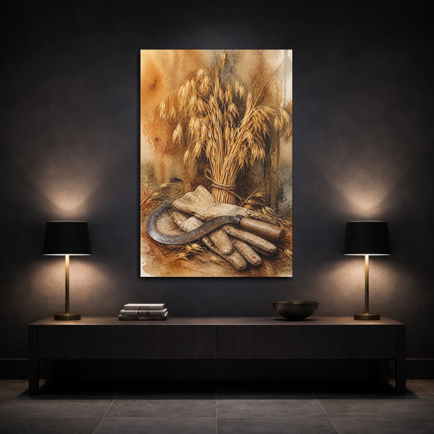 Mockup 3. Rustic Oat Sheaf And Sickle shown as canvas print
