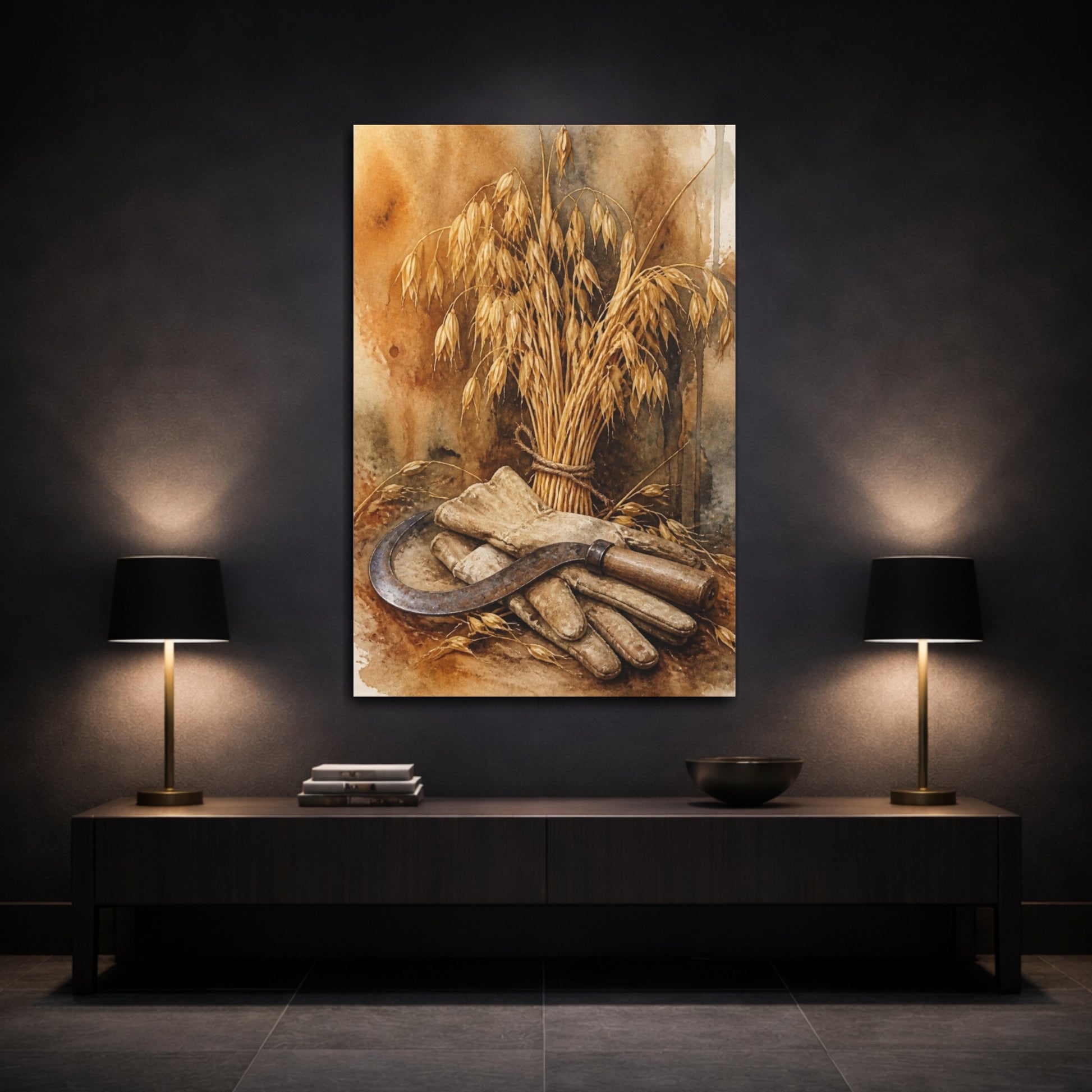 Mockup 3. Rustic Oat Sheaf And Sickle shown as canvas print