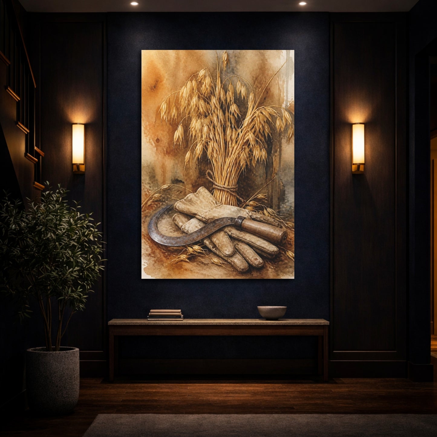 Mockup 4. Rustic Oat Sheaf And Sickle shown as canvas print